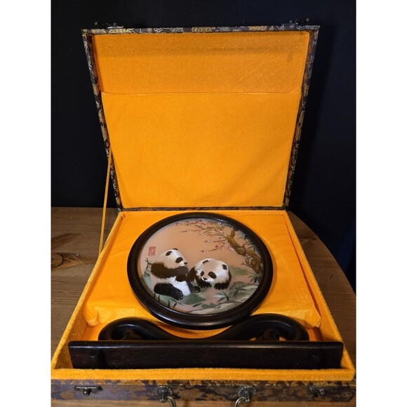Vtg Chinese Panda CherryBlossom DoubleSided Silk Sichuan Embroidery WoodBase Box - Picture 3 of 8
